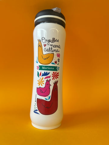 Vaso metálico con popote Mamá Gallina